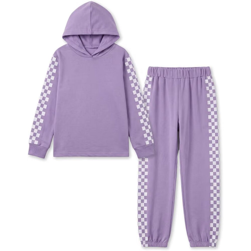 Girls Size 11-12 Purple Checkered Hoodie Sweatpants 2 Piece Sweatsuit Tracksuit